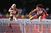 5 July 2022; Jade Barber of USA, right, on her way to winning the O'Leary Insurance 100m Hurdles Women Race 2, ahead of Sarah Lavin of Ireland, left, who finished second, during the BAM Cork City Sports at Munster Technological University Athletics Stadium in Bishopstown, Cork. Photo by Sam Barnes/Sportsfile
