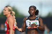 5 July 2022; Kristal Awuah of Great Britain, right, is congratulated by Molly Scott of Ireland after winning the Centra Women's 100m during the BAM Cork City Sports at Munster Technological University Athletics Stadium in Bishopstown, Cork. Photo by Sam Barnes/Sportsfile