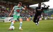 5 July 2022; Dylan Watts of Shamrock Rovers in action against Gabriel Mensah of Hibernians during the UEFA Champions League 2022/23 First Qualifying Round First Leg match between Shamrock Rovers and Hibernians at Tallaght Stadium in Dublin. Photo by Stephen McCarthy/Sportsfile