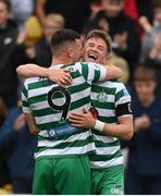 5 July 2022; Ronan Finn, right, celebrates with Shamrock Rovers team-mate Aaron Greene after scoring their side's first goal during the UEFA Champions League 2022/23 First Qualifying Round First Leg match between Shamrock Rovers and Hibernians at Tallaght Stadium in Dublin. Photo by Stephen McCarthy/Sportsfile