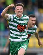5 July 2022; Ronan Finn of Shamrock Rovers celebrates after scoring his side's first goal during the UEFA Champions League 2022/23 First Qualifying Round First Leg match between Shamrock Rovers and Hibernians at Tallaght Stadium in Dublin. Photo by George Tewkesbury/Sportsfile