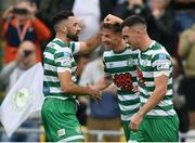 5 July 2022; Ronan Finn, centre, celebrates with Shamrock Rovers team-mates Roberto Lopes, left, and Aaron Greene after scoring their side's first goal during the UEFA Champions League 2022/23 First Qualifying Round First Leg match between Shamrock Rovers and Hibernians at Tallaght Stadium in Dublin. Photo by Stephen McCarthy/Sportsfile