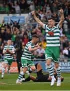 5 July 2022; Dylan Watts of Shamrock Rovers celebrates after scoring his side's second goal, with team-mate Aaron Greene, right, during the UEFA Champions League 2022/23 First Qualifying Round First Leg match between Shamrock Rovers and Hibernians at Tallaght Stadium in Dublin. Photo by Stephen McCarthy/Sportsfile