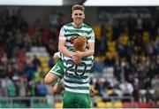 5 July 2022; Dylan Watts of Shamrock Rovers celebrates with teammate Rory Gaffney after scoring their side's second goal goal during the UEFA Champions League 2022/23 First Qualifying Round First Leg match between Shamrock Rovers and Hibernians at Tallaght Stadium in Dublin. Photo by George Tewkesbury/Sportsfile