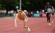 5 July 2022; Sarah Healy of Ireland dives for the line to win BAM Ireland women's 3000m during the BAM Cork City Sports at Munster Technological University Athletics Stadium in Bishopstown, Cork. Photo by Sam Barnes/Sportsfile