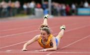 5 July 2022; Sarah Healy of Ireland falls before the line on her way to winning the BAM Ireland women's 3000m during the BAM Cork City Sports at Munster Technological University Athletics Stadium in Bishopstown, Cork. Photo by Sam Barnes/Sportsfile