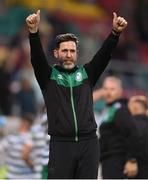 5 July 2022; Shamrock Rovers manager Stephen Bradley celebrates after the UEFA Champions League 2022/23 First Qualifying Round First Leg match between Shamrock Rovers and Hibernians at Tallaght Stadium in Dublin. Photo by Stephen McCarthy/Sportsfile