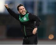 5 July 2022; Shamrock Rovers manager Stephen Bradley celebrates after his side's victory in the UEFA Champions League 2022/23 First Qualifying Round First Leg match between Shamrock Rovers and Hibernians at Tallaght Stadium in Dublin. Photo by George Tewkesbury/Sportsfile