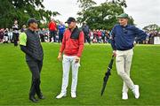 4 July 2022; Jordan Speith of USA with Tiger Woods of USA, left, and Limerick hurler Gearóid Hegarty during day one of the JP McManus Pro-Am at Adare Manor Golf Club in Adare, Limerick. Photo by Eóin Noonan/Sportsfile