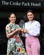 6 July 2022; Erone Fitzpatrick of Laois is presented with The Croke Park/LGFA Player of the Month award for June by Ina Lazar, Sales Manager, The Croke Park, at The Croke Park in Jones Road, Dublin. Erone has been in scintillating recent form for the O’Moore County, who will play Clare in next Sunday’s TG4 All-Ireland Intermediate Championship semi-final. Erone’s Championship haul to date stands at 4-9, and she registered a combined tally of 2-5 in her two Championship outings in June, against Tyrone and latterly Wicklow. Photo by David Fitzgerald/Sportsfile