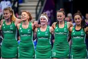 6 July 2022; From left, Zara Malseed, Sarah Mcauley, Naomi Carroll, Ellen Curran and Anna O’Flanagan of Ireland stand for the playing of the National Anthem before the FIH Women's Hockey World Cup Pool A match between Ireland and Germany at Wagener Stadium in Amstelveen, Netherlands. Photo by Jeroen Meuwse/Sportsfile