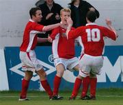 14 May 2004; Glen Fitzpatrick, centre, Shelbourne, celebrates after scoring his sides first goal with team-mates Ollie Cahill, left, and Jason Byrne. eircom league, Premier Division, Shelbourne v Derry City, Tolka Park, Dublin. Picture credit; David Maher / SPORTSFILE