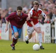 14 May 2004; David Sullivan, Drogheda United, in action against Aidan O'Keeffe, St. Patrick's Athletic. eircom league, Premier Division, St. Patrick's Athletic v Drogheda United, Richmond Park, Dublin. Picture credit; Brian Lawless / SPORTSFILE