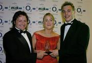 19 May 2004; Tommy Bowe, right, receives the OB Sport Young Player of the Year from Aideen Sheridan, OB Sport, and Irish international Shane Byrne at the O2 Irish Rugby Union Players Association Awards at the Burlington Hotel, Dublin. Picture credit; Brendan Moran / SPORTSFILE