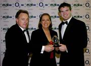 19 May 2004; Gordon D'Arcy receives the O2 Player of the Year from Danuta Grey, O2 Ireland, and Ireland head coach Eddie O'Sullivan at the O2 Irish Rugby Union Players Association Awards at the Burlington Hotel, Dublin. Picture credit; Brendan Moran / SPORTSFILE