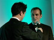 19 May 2004; Try of the Year award winner Girvan Dempsey in conversation with MC Craig Doyle at the O2 Irish Rugby Union Players Association Awards at the Burlington Hotel, Dublin. Picture credit; Brendan Moran / SPORTSFILE