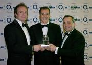 19 May 2004; Girvan Dempsey receives the Tyrone Crystal Try of the Year award from Peter Nunn, right, Managing Director, Tyrone Irish Crystal, and Irish International Denis Hickie, left, at the O2 Irish Rugby Union Players Association Awards at the Burlington Hotel, Dublin. Picture credit; Brendan Moran / SPORTSFILE