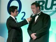 19 May 2004; Former Irish rugby International Mick Galwey in conversation with MC Craig Doyle at the O2 Irish Rugby Union Players Association Awards at the Burlington Hotel, Dublin. Picture credit; Brendan Moran / SPORTSFILE