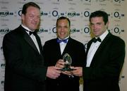 19 May 2004; Mike Mullins receives the Hooke and McDonald Unsung Hero award from Brian Carey, right, Hooke and McDonald, and Former Irish rugby International Mick Galwey, left, at the O2 Irish Rugby Union Players Association Awards at the Burlington Hotel, Dublin. Picture credit; Brendan Moran / SPORTSFILE