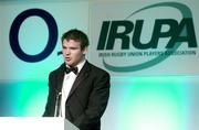 19 May 2004; Gordon D'Arcy speaking after receiving the Players' Player of the Year award at the O2 Irish Rugby Union Players Association Awards at the Burlington Hotel, Dublin. Picture credit; Brendan Moran / SPORTSFILE