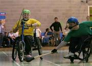 20 May 2004; Stephen Monaghan, right, Marino School, Bray, in action against Colm Jennings, Ballinteer Community School. Allianz Cumann na mBunscol Wheelchair hurling final, Ballinteer Community School v Marino School, Bray, Irish Wheelchair Association Sports Complex, Clontarf, Dublin. Picture credit; Matt Browne / SPORTSFILE