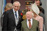 9 August 2013; The President of Ireland Michael D. Higgins and Vice-President of the RDS Matt Dempsey ahead of the Furusiyya FEI Nations Cup. Discover Ireland Dublin Horse Show 2013, RDS, Ballsbridge, Dublin. Picture credit: Barry Cregg / SPORTSFILE