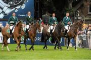 9 August 2013; The Ireland team, from left, Conor Swail, on Lansdowne, Cian O'Connor, on Blue Loyd 12, Shane Breen, on Balloon, and Dermott Lennon, on Loughview Lou-Lou, during the parade ahead of the Furusiyya FEI Nations Cup. Discover Ireland Dublin Horse Show 2013, RDS, Ballsbridge, Dublin. Picture credit: Barry Cregg / SPORTSFILE
