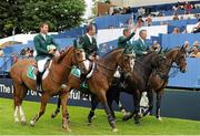 9 August 2013; The Ireland team, from left, Conor Swail, on Lansdowne, Cian O'Connor, on Blue Loyd 12, Shane Breen, on Balloon, and Dermott Lennon, on Loughview Lou-Lou, during the parade ahead of the Furusiyya FEI Nations Cup. Discover Ireland Dublin Horse Show 2013, RDS, Ballsbridge, Dublin. Picture credit: Barry Cregg / SPORTSFILE