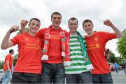 10 August 2013; Liverpool supporters, from left, Michéal Walsh, Eoin Moore, and Adam Clarke, from Clondalkin, Dublin, with Celtic siupporter David Clarke, at the game. Dublin Decider, Liverpool XI v Glasgow Celtic XI, Aviva Stadium, Lansdowne Road, Dublin. Picture credit: Brendan Moran / SPORTSFILE