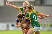 10 August 2013; Noirin Kirwan, Laois, in action against Aideen Guy, left, Julianne Scanlon and Eileen Rahill, right, Meath. TG4 All-Ireland Ladies Football Senior Championship, Round 2, Qualifier, Laois v Meath, St. Brendan’s Park, Birr, Co. Offaly. Photo by Sportsfile