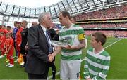 10 August 2013; Tony Fitzgerald, Vice President of the FAI, makes a special presentation to Celtic captain Anthony Stokes before the start of the game. Dublin Decider, Liverpool XI v Glasgow Celtic XI, Aviva Stadium, Lansdowne Road, Dublin. Picture credit: Brendan Moran / SPORTSFILE