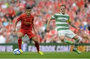 10 August 2013; Philippe Coutinho, Liverpool XI, in action against Anthony Stokes, Glasgow Celtic XI. Dublin Decider, Liverpool XI v Glasgow Celtic XI, Aviva Stadium, Lansdowne Road, Dublin. Picture credit: Matt Browne / SPORTSFILE