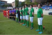 10 August 2013; Ireland and Russia players stand for the National Anthem before the game. 2013 CPISRA Intercontinental Cup, 3rd/4th place Play-Off, Ireland v Russia, Stadium ZEM Jaume Tubau, Sant Cugat del Valles, Barcelona, Spain. Picture credit: Juan Manuel Baliellas / SPORTSFILE