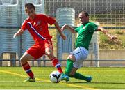 10 August 2013; Aslanbek Sapiev, Russia, in action against Gary Messet, Ireland. 2013 CPISRA Intercontinental Cup, 3rd/4th place Play-Off, Ireland v Russia, Stadium ZEM Jaume Tubau, Sant Cugat del Valles, Barcelona, Spain. Picture credit: Juan Manuel Baliellas / SPORTSFILE