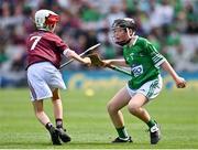3 July 2022; Matt Cronin, Scoil Treasa Naofa, Cill Floinn, Ciarraí, representing Limerick, in action against Calum Galvin, St Patrick's NS, Diswellstown Raod, Castleknock, Dublin, representing Galway, during the INTO Cumann na mBunscol GAA Respect Exhibition Go Games before the GAA Hurling All-Ireland Senior Championship Semi-Final match between Limerick and Galway at Croke Park in Dublin. Photo by Sam Barnes/Sportsfile