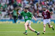 3 July 2022; Matt Cronin, Scoil Treasa Naofa, Cill Floinn, Ciarraí, representing Limerick, in action against Dáithí O'Reilly, Clea PS, Keady, Armagh, representing Galway,  during the INTO Cumann na mBunscol GAA Respect Exhibition Go Games before the GAA Hurling All-Ireland Senior Championship Semi-Final match between Limerick and Galway at Croke Park in Dublin. Photo by Sam Barnes/Sportsfile