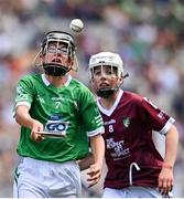 3 July 2022; Pádraig Hanley, Doon CBS, Doon, representing Limerick, in action against Hugh McGinn, St Patrick's BNS, Carndonagh, Donegal, representing Galway, during the INTO Cumann na mBunscol GAA Respect Exhibition Go Games before the GAA Hurling All-Ireland Senior Championship Semi-Final match between Limerick and Galway at Croke Park in Dublin. Photo by Sam Barnes/Sportsfile