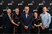 7 July 2022; Uachtarán Chumann Lúthchleas Gael Larry McCarthy, centre, with, from left, PwC Tax Partner Ronan Finn, PwC player of the month for June in hurling Tony Kelly, and player of the month in Camogie Caoimhe Costelloe and co chair of the GPA National Executive committe Matthew O'Hanlon at the PwC Office in Dublin. Photo by David Fitzgerald/Sportsfile