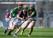 3 July 2022; Ellie Roberts, St Brigid's, Clonegal, Carlow, representing Galway in action against Ava Falconer, Christ the King PS, Omagh, Tyrone, representing Limerick, left, and Saoirse Maher, Kiladangan NS, Glebe, Nenagh, Tipperary, representing Limerick during the INTO Cumann na mBunscol GAA Respect Exhibition Go Games before the GAA Hurling All-Ireland Senior Championship Semi-Final match between Limerick and Galway at Croke Park in Dublin. Photo by Piaras Ó Mídheach/Sportsfile