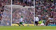 3 July 2022; Nickie Quaid of Limerick is beaten by a shot by Brian Concannon of Galway, right, for Galway's first goal during the GAA Hurling All-Ireland Senior Championship Semi-Final match between Limerick and Galway at Croke Park in Dublin. Photo by Piaras Ó Mídheach/Sportsfile