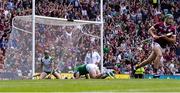 3 July 2022; Nickie Quaid of Limerick reacts after he was beaten for a shot by Brian Concannon of Galway, right, for Galway's first goal during the GAA Hurling All-Ireland Senior Championship Semi-Final match between Limerick and Galway at Croke Park in Dublin. Photo by Piaras Ó Mídheach/Sportsfile