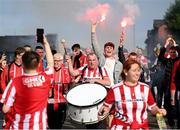 7 July 2022; Derry City supporters walk to the Ryan McBride Brandwell Stadium for the UEFA Europa Conference League 2022/23 First Qualifying Round First Leg match between Derry City and Riga in Derry. Photo by Stephen McCarthy/Sportsfile