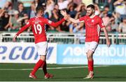 7 July 2022; Aidan Keena, right, of Sligo Rovers celebrates with teammate Patrick Kirk after scoring his side's goal during the UEFA Europa Conference League 2022/23 First Qualifying Round First Leg match between Bala Town and Sligo Rovers at Park Hall in Oswestry, Wales. Photo by Chris Fairweather/Sportsfile