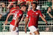 7 July 2022; Max Mata of Sligo Rovers, right, celebrates with teammate Nando Pijnaker after scoring his side's second goal during the UEFA Europa Conference League 2022/23 First Qualifying Round First Leg match between Bala Town and Sligo Rovers at Park Hall in Oswestry, Wales. Photo by Chris Fairweather/Sportsfile