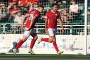 7 July 2022; Max Mata of Sligo Rovers, right, celebrates with teammate Nando Pijnaker after scoring his side's second goal during the UEFA Europa Conference League 2022/23 First Qualifying Round First Leg match between Bala Town and Sligo Rovers at Park Hall in Oswestry, Wales. Photo by Chris Fairweather/Sportsfile