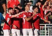 7 July 2022; Max Mata of Sligo Rovers, centre, celebrates with teammates after scoring his side's second goal during the UEFA Europa Conference League 2022/23 First Qualifying Round First Leg match between Bala Town and Sligo Rovers at Park Hall in Oswestry, Wales. Photo by Chris Fairweather/Sportsfile