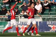 7 July 2022; Max Mata of Sligo Rovers, right, celebrates with teammates after scoring his side's second goal during the UEFA Europa Conference League 2022/23 First Qualifying Round First Leg match between Bala Town and Sligo Rovers at Park Hall in Oswestry, Wales. Photo by Chris Fairweather/Sportsfile