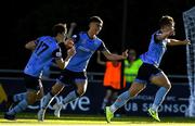 7 July 2022; Thomas Lonergan of UCD, right celebrates with team-mates Dara Keane, left and Evan Caffrey of UCD after scoring their side's first goal during the SSE Airtricity League Premier Division match between UCD and Bohemians at UCD Bowl in Belfield, Dublin. Photo by George Tewkesbury/Sportsfile