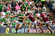 3 July 2022; Kyle Hayes of Limerick in action against Joseph Cooney of Galway during the GAA Hurling All-Ireland Senior Championship Semi-Final match between Limerick and Galway at Croke Park in Dublin. Photo by Sam Barnes/Sportsfile