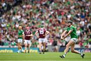 3 July 2022; Diarmaid Byrnes of Limerick takes a free during the GAA Hurling All-Ireland Senior Championship Semi-Final match between Limerick and Galway at Croke Park in Dublin. Photo by Sam Barnes/Sportsfile